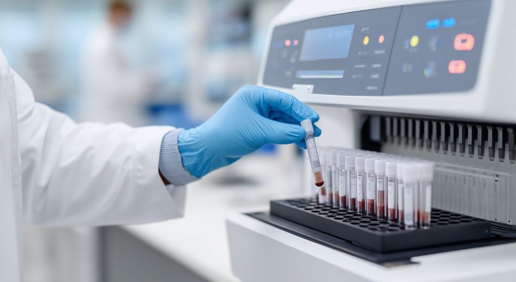 Un technicien de laboratoire place un rack de flacons d'échantillons de sang dans un analyseur d'hématologie moderne dans un laboratoire propre. Tests médicaux
